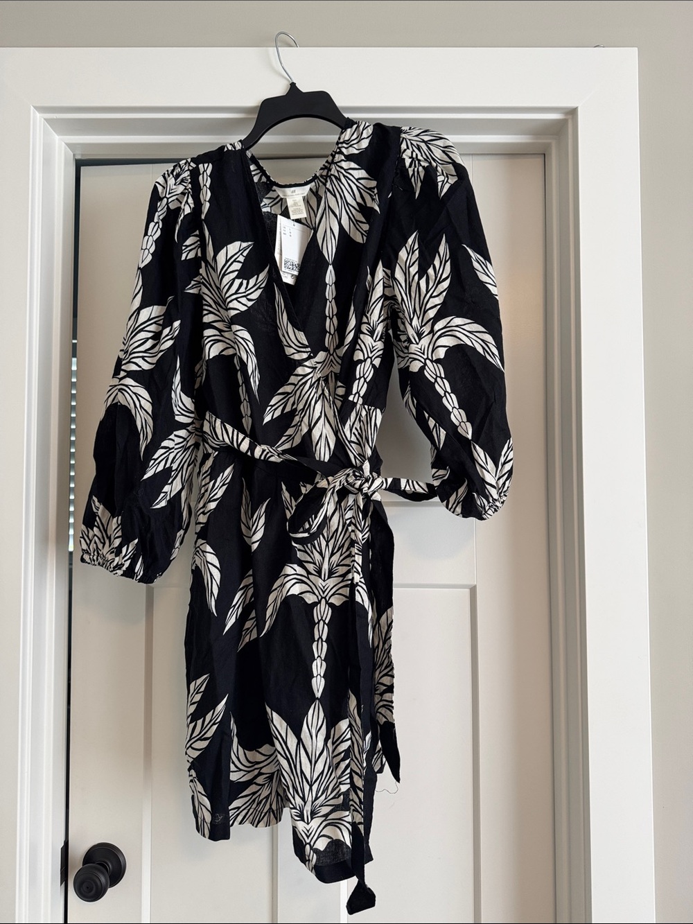 H&M Black Mini Wrap Dress with White Leaf Print